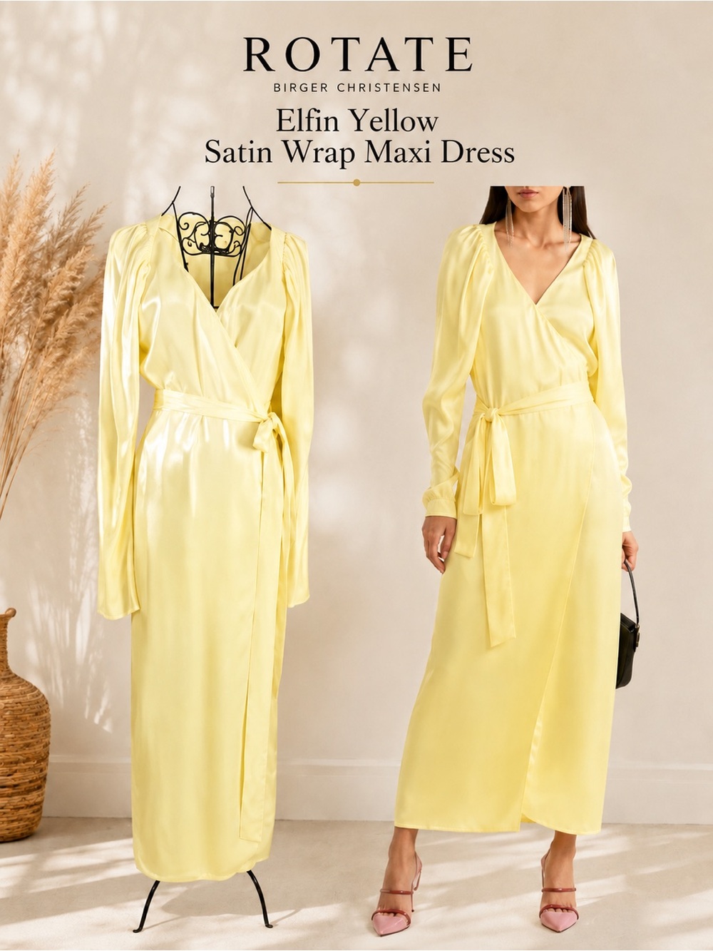 ROTATE Birger Christensen Elfin Yellow Satin Wrap Maxi Dress Puff Sleeve 4